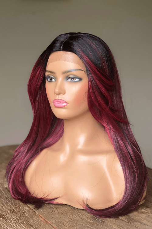 26inch Straight Synthetic Hair Lace Front Side Part Wig Burgundy Highlights