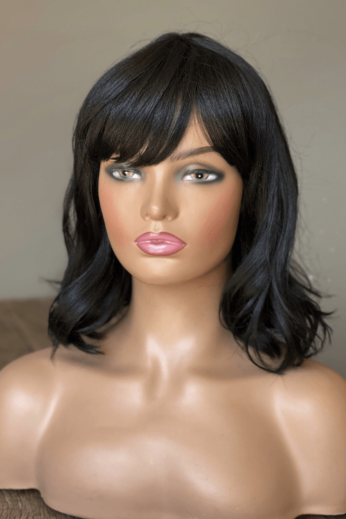 Short Wavy Bob 12inch Fringe Synthetic Hair Natural Black